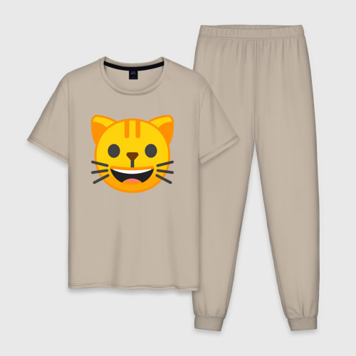 Мужская пижама хлопок с принтом Жёлтый котик счастлив, вид спереди #2