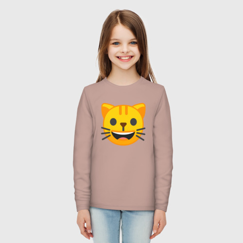 Детский лонгслив хлопок с принтом Жёлтый котик счастлив, вид сбоку #3
