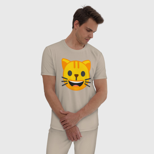 Мужская пижама хлопок с принтом Жёлтый котик счастлив, фото на моделе #1