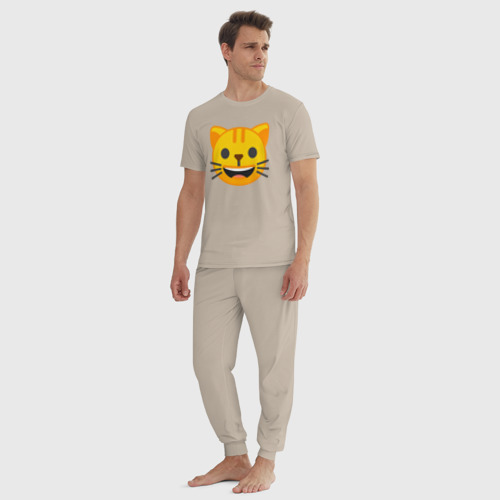 Мужская пижама хлопок с принтом Жёлтый котик счастлив, вид сбоку #3