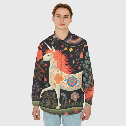 Мужская рубашка oversize 3D с принтом Единорог, фолк арт, фото на моделе #1