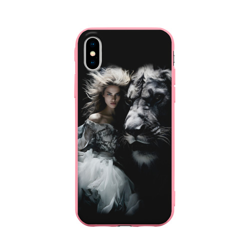 Чехол для iPhone X матовый с принтом Черный лев с девушкой, вид спереди #2