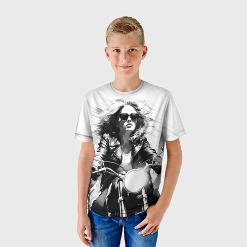 Детская футболка 3D с принтом Девушка на ретро мотоцикле, фото на моделе #1
