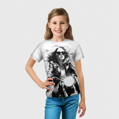 Детская футболка 3D с принтом Девушка на ретро мотоцикле, вид сбоку #3