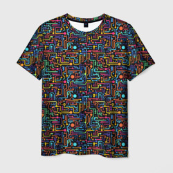 Мужская футболка 3D Абстрактные разноцветные линии на черном фоне