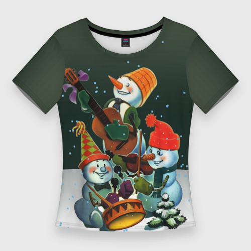 Женская футболка 3D Slim Новогодний квартет со снеговиками, цвет 3D печать