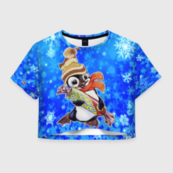 Женская футболка Crop-top 3D Новогодний пингвин со снежинками