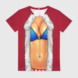Женская футболка 3D Красный костюм секси снегурочки с грудью