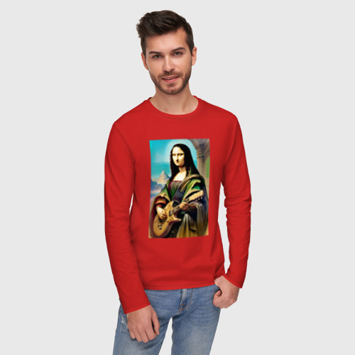 Мужской лонгслив хлопок Мона Лиза лабает на гитаре, цвет красный - фото 3