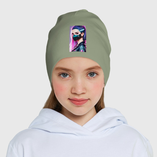 Детская шапка демисезонная Красавица в маске - киберпанк - нейросеть, цвет авокадо - фото 5