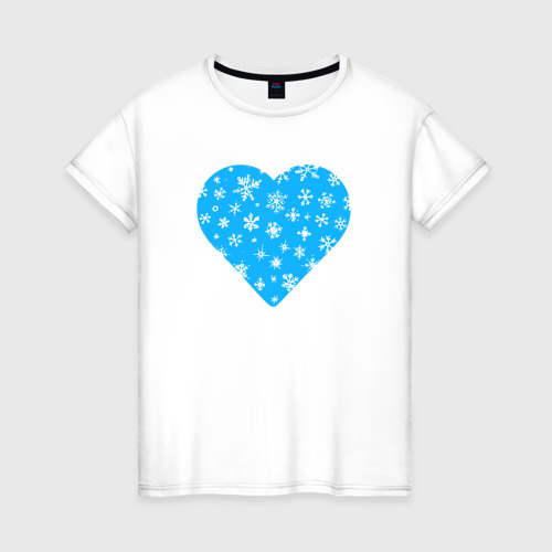 Женская футболка из хлопка с принтом Голубое сердце снежинки, вид спереди №1