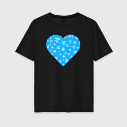 Женская футболка хлопок Oversize Голубое сердце снежинки