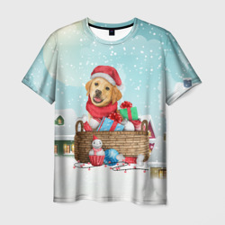 Мужская футболка 3D Пес в новогодних подарках