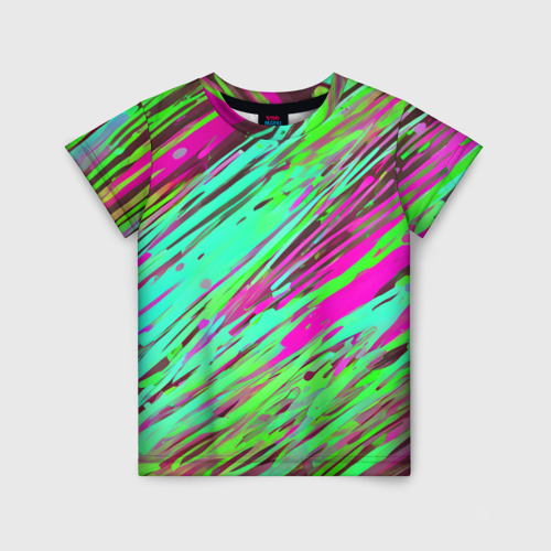 Детская футболка 3D с принтом Разноцветные брызги зелёные и розовые, вид спереди #2