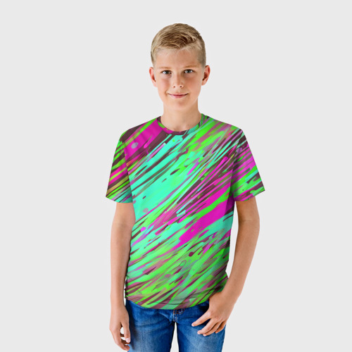 Детская футболка 3D с принтом Разноцветные брызги зелёные и розовые, фото на моделе #1