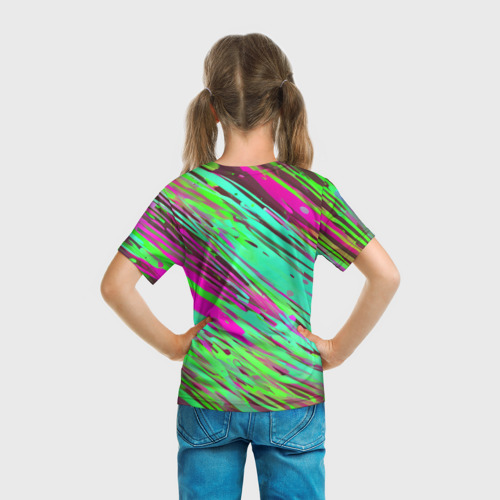 Детская футболка 3D с принтом Разноцветные брызги зелёные и розовые, вид сзади #2