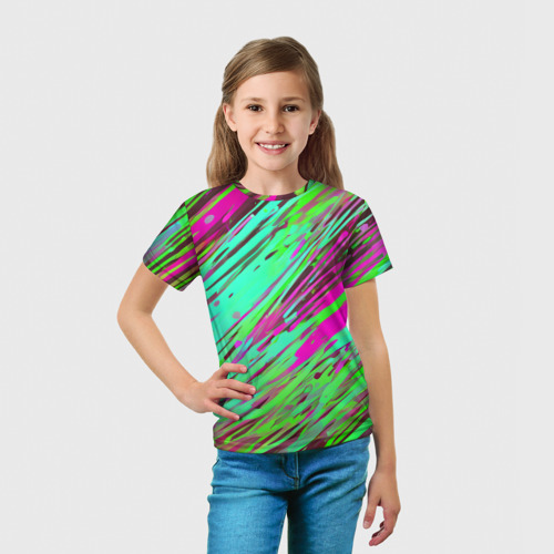 Детская футболка 3D с принтом Разноцветные брызги зелёные и розовые, вид сбоку #3
