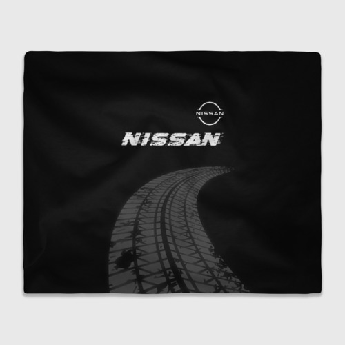 Плед 3D Nissan speed на темном фоне со следами шин: символ сверху, цвет 3D (велсофт)