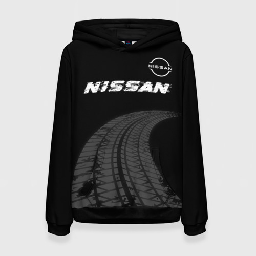 Женская толстовка 3D Nissan speed на темном фоне со следами шин: символ сверху, цвет 3D печать