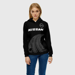 Женская толстовка 3D Nissan speed на темном фоне со следами шин: символ сверху - фото 2