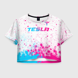 Женская футболка Crop-top 3D Tesla neon gradient style: символ сверху