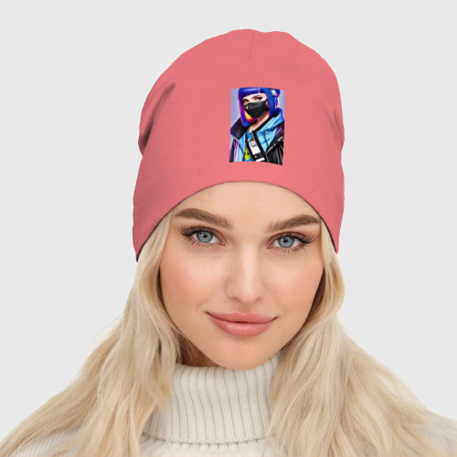 Женская шапка демисезонная Красивая девчонка в маске - нейросеть, цвет розовый - фото 3