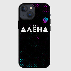 Чехол для iPhone 13 mini Алёна и неоновый герб России: символ сверху