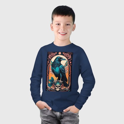Детский лонгслив хлопок Ворон в рамке, цвет темно-синий - фото 3