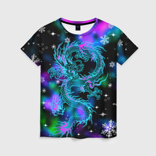 Женская футболка 3D Неоновый дракон в снежинках, цвет 3D печать