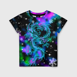Детская футболка 3D Неоновый дракон в снежинках
