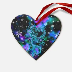 Деревянная игрушка Сердце Неоновый дракон в снежинках