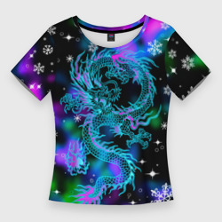 Неоновый дракон в снежинках – Женская футболка 3D Slim с принтом купить