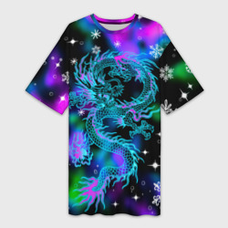 Платье-футболка 3D Неоновый дракон в снежинках