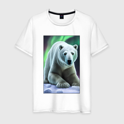 Мужская футболка из хлопка с принтом Полярный медведь на снегу, вид спереди №1
