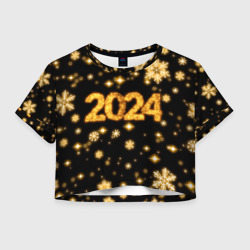 Женская футболка Crop-top 3D Новый 2024 год - золотые снежинки