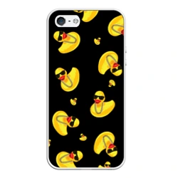 Чехол для iPhone 5/5S матовый Жёлтая уточка в в темных очках и цепочке на черном 