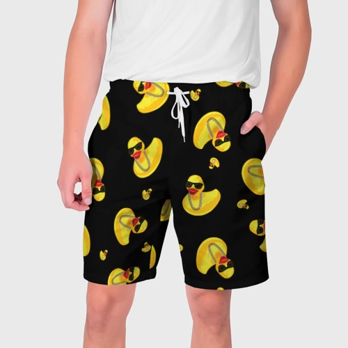 Мужские шорты 3D Жёлтая уточка в в темных очках и цепочке на черном 