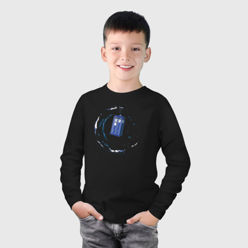 Детский лонгслив хлопок с принтом Tardis space, фото на моделе #1