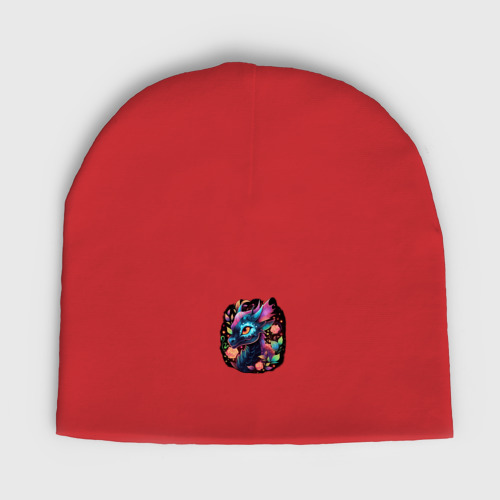 Женская шапка демисезонная с принтом Неоновый дракон в цветах, вид спереди №1