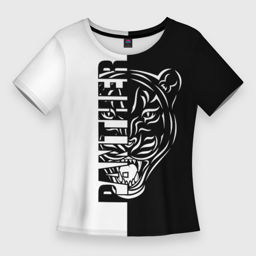 Женская приталенная футболка с принтом Пантера - чёрно-белое, вид спереди №1