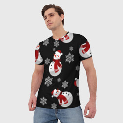Мужская футболка 3D Снеговички в зимних шапочках со снежинками - фото 2