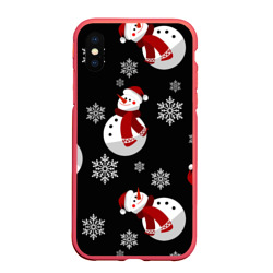 Чехол для iPhone XS Max матовый Снеговички в зимних шапочках со снежинками