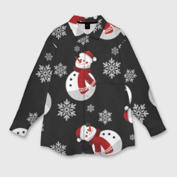 Женская рубашка oversize 3D Снеговички в зимних шапочках со снежинками