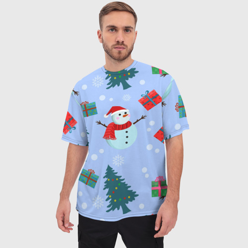 Мужская футболка oversize 3D Снеговики с новогодними подарками паттерн, цвет 3D печать - фото 3