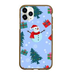 Чехол для iPhone 11 Pro Max матовый Снеговики с новогодними подарками паттерн