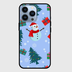 Чехол для iPhone 13 Pro Снеговики с новогодними подарками паттерн