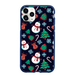 Чехол для iPhone 11 Pro Max матовый Снеговички с рождественскими оленями и елками