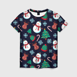Женская футболка 3D Снеговички с рождественскими оленями и елками