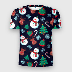Мужская футболка 3D Slim Снеговички с рождественскими оленями и елками
