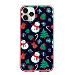 Чехол для iPhone 11 Pro матовый Снеговички с рождественскими оленями и елками